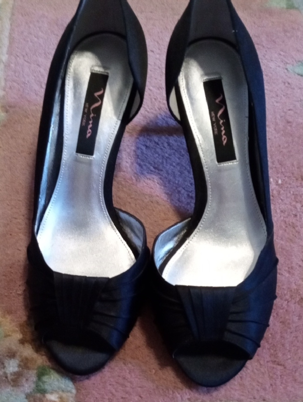Nina Black Satin Peep-Toe Heels Size 8 1/2 with 2 1/2" Heel.